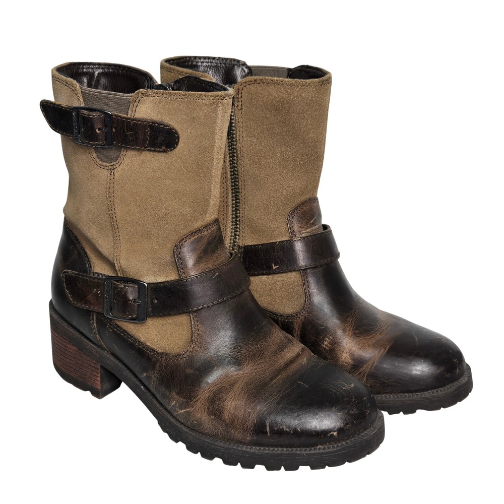 Eastland Belmont Brown Leather Suede Moto Distressed Boots Buckle Lug Sole 6